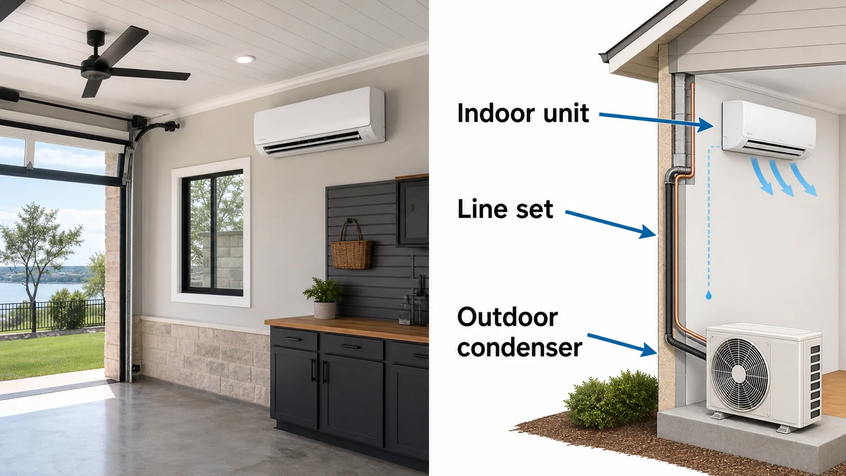Educational diagram for mini split granbury tx showing Indoor unit, Line set, Outdoor condenser